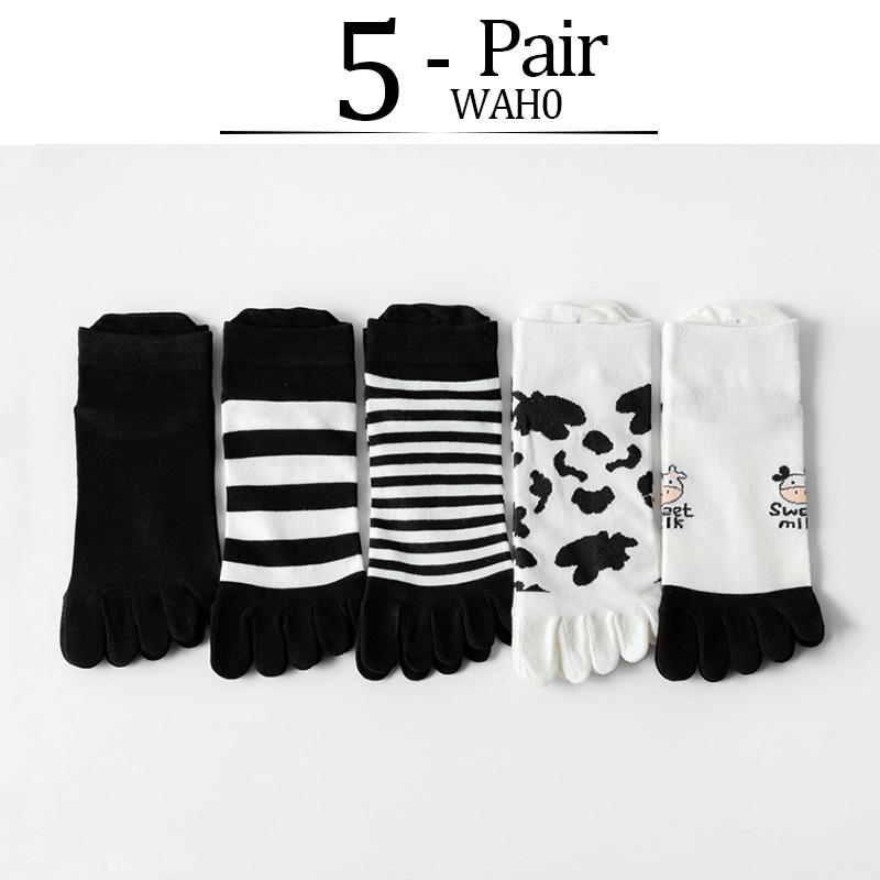 5 Pairs New Women's Five Finger Socks Sweet  Milk BlackWhite Stripes Cotton Summer Shallow Split Toe Socks Girls Sports Socks