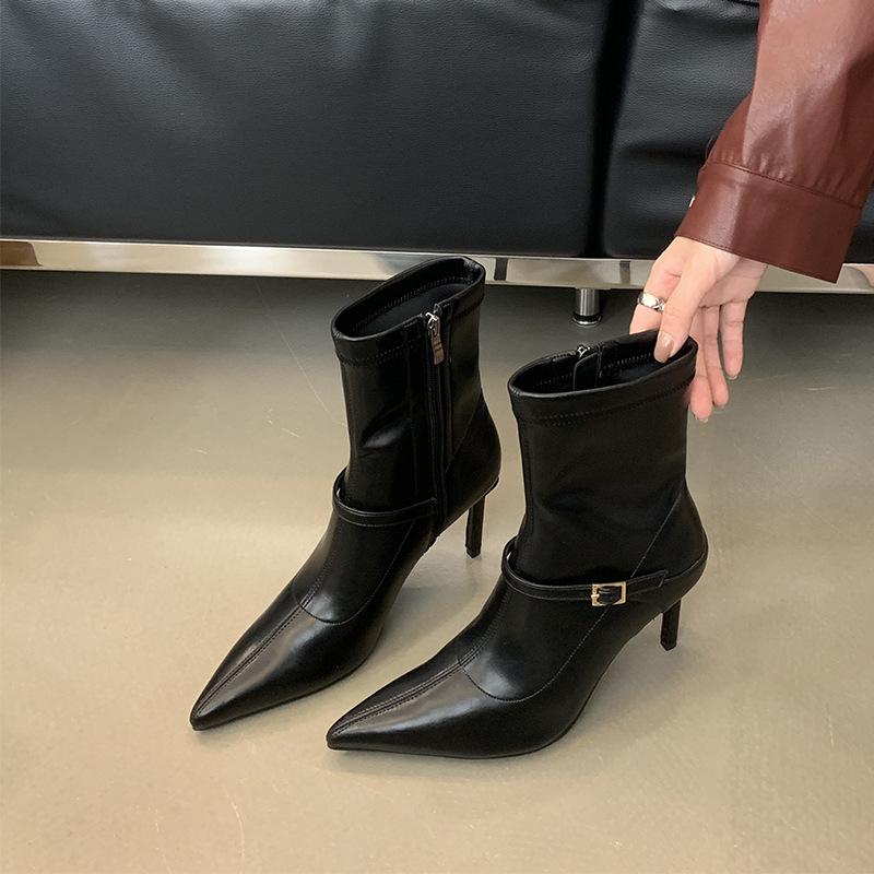 

Mi Ting temperament pointed head thin heel patent leather elastic thin boots women commuting versatile side zipper soft leather autumn and winter sh 39 чёрный