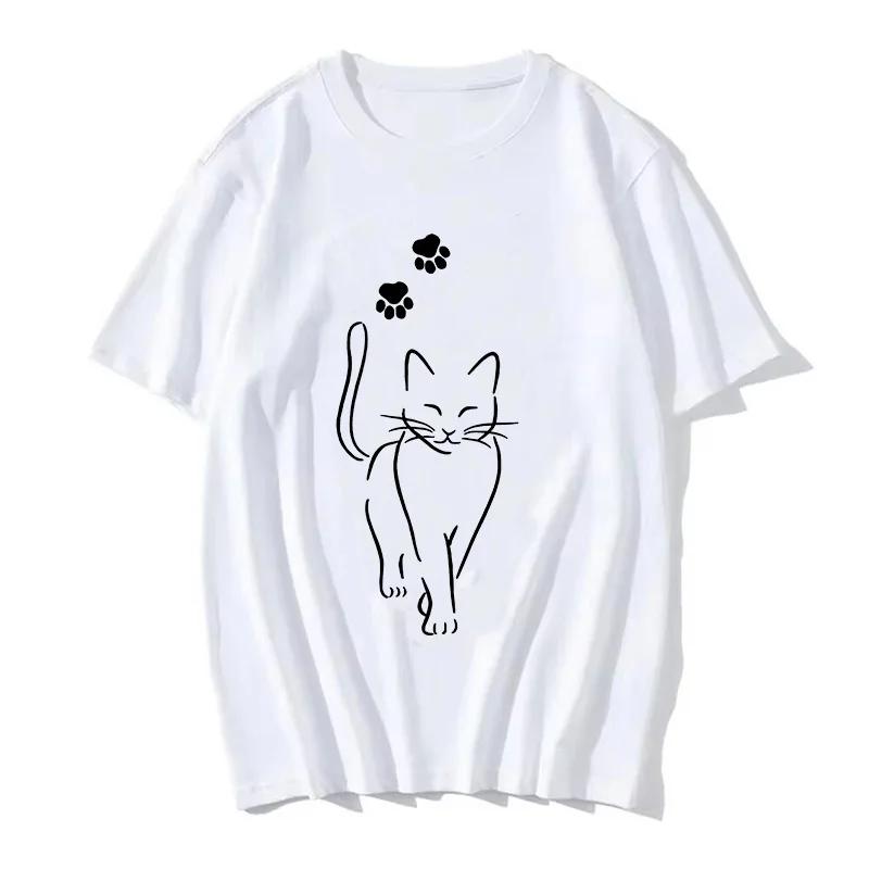 90s Women T Shirt Korean Version Cartoon Cat Group Printed T-Shirt Casual Short Sleeve Couples T-Shirt Funny Cat Streetwear