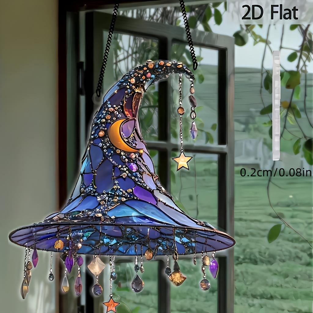 Halloween 2D Acrylic Witch Hat Hanging Decoration With Moon And Star Dangles, Window Ornament