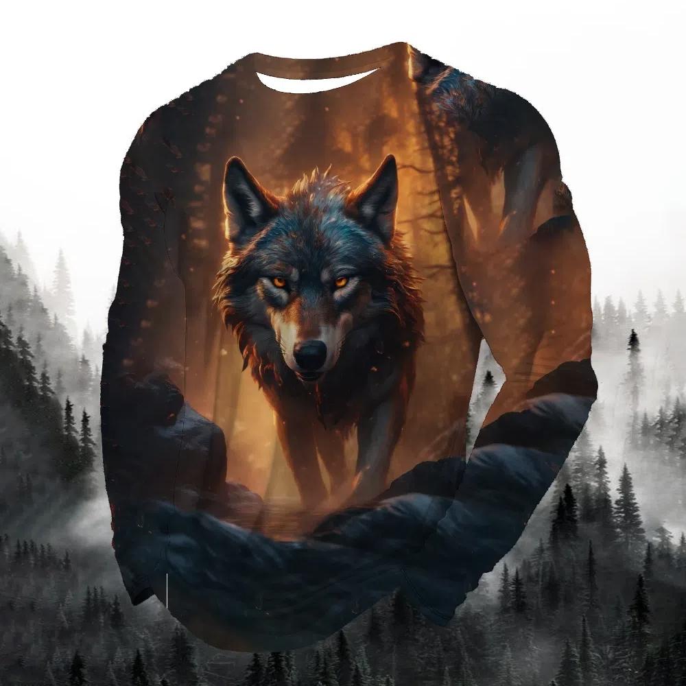 2024 men's fashion print round neck long sleeve party autumn sports casual pullover men 3d lonely wolf blue print tops