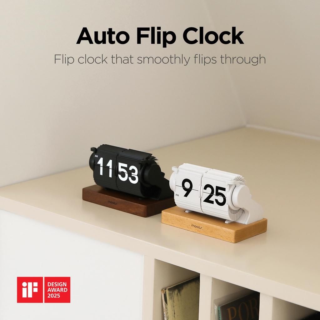 Mooas Multi-Wood Mini Flip Desk Clock, Retro Vintage Analog Automatic Flip Clock, Timer Calendar, Desk Clock with Large Numbers, USB-C Rechargeable, P