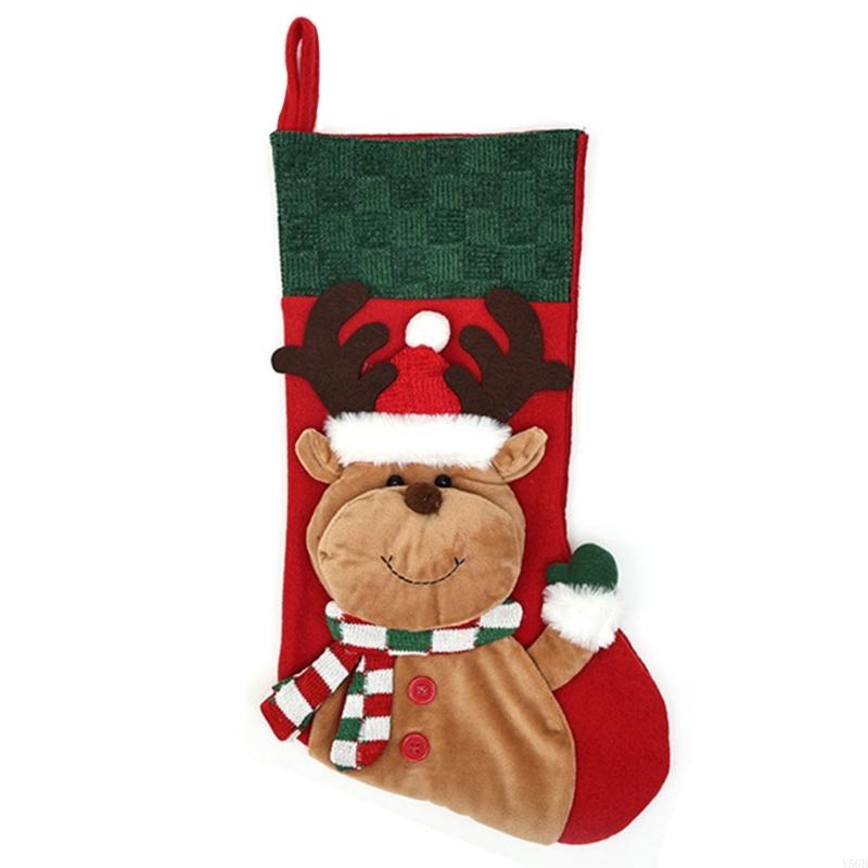 Christmas Stocking Gift Bag with Applique, Knitted Polyester Stocking Ornament, 44X28CM, Holiday Candy Holder for Indoor Y5GB