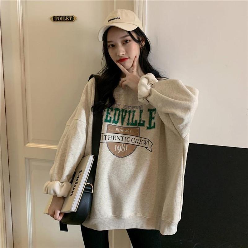 Women Long Sleeve O Neck Loose Pullovers Female Tops Solid Color Sweatshirts