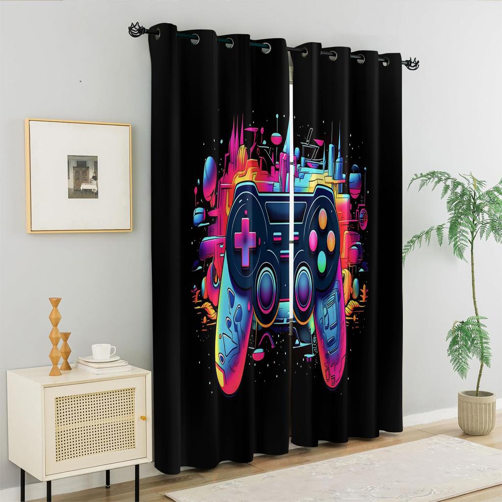 Rainbow Neon Cyberpunk City Gamepad Full Print Curtain Set Dark Base Futuristic Tech Gaming Blackout Curtains For Teen Boys