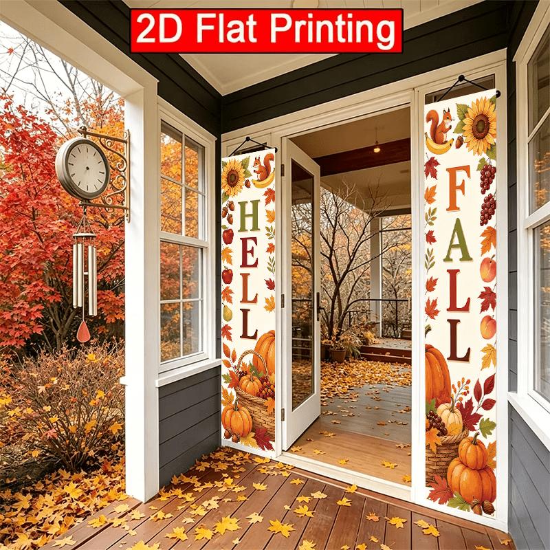 2D Flat, 2pcs 2D Flat Autumn Harvest Theme 30.48X179.83 cm Polyester Door Couplet HELLO FALL Fruit and Vegetable Harvest Scene Design, Suitable for Ou