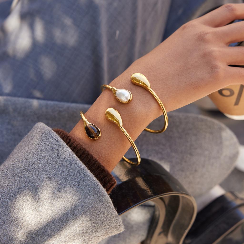 Yori Teardrop-shaped Resin Pearl Open Bracelet Bangle 18k Gold Plated Waterproof Jewelry For Women Charm Fashion