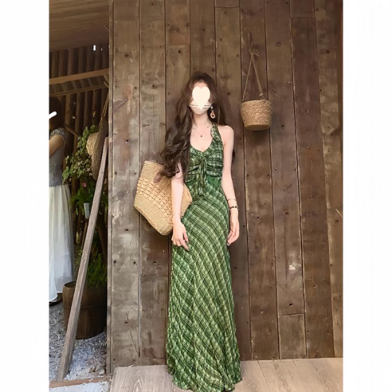 Temperament elegant V-neck plaid neck dress summer new design feeling waist thin beautiful dress S