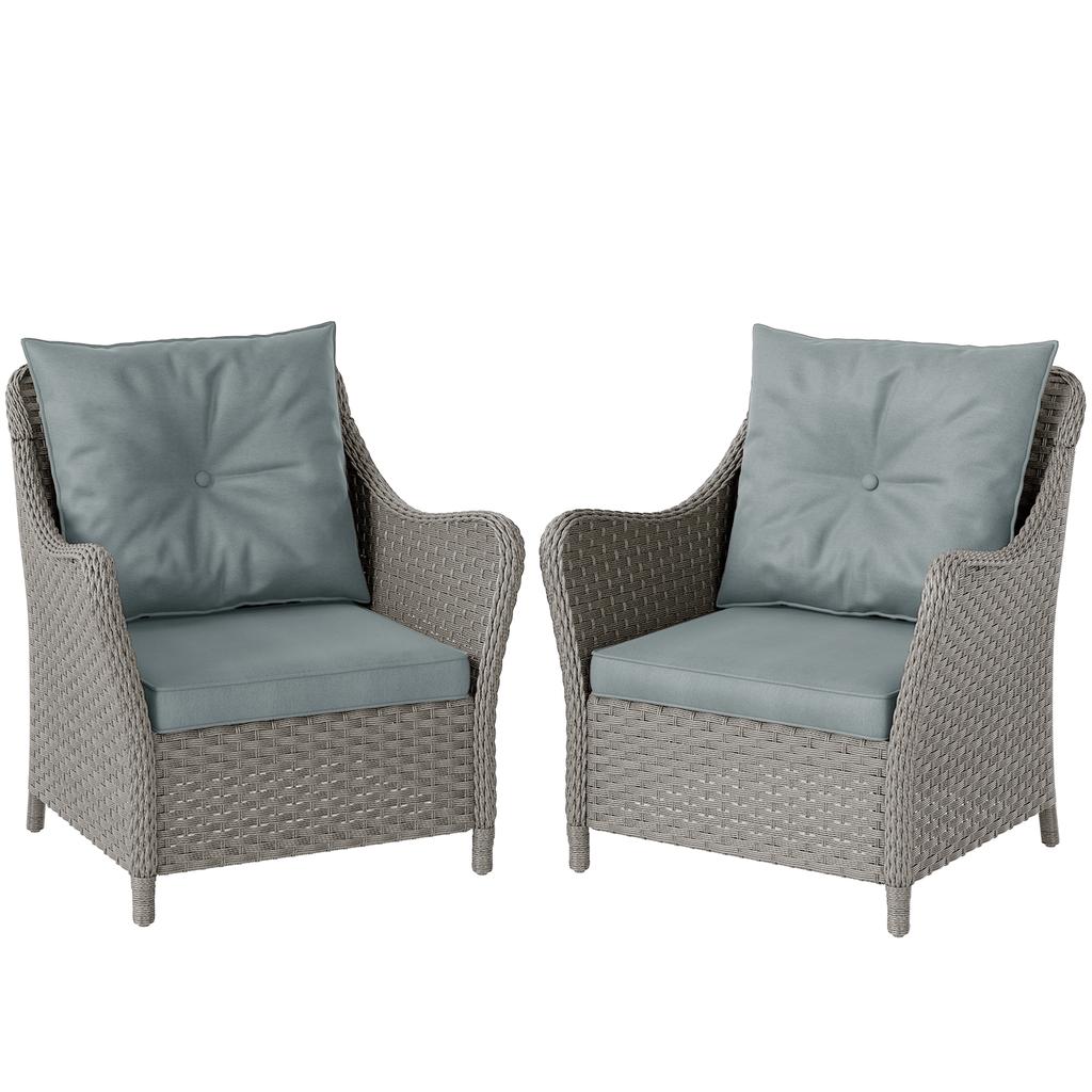 Rattan Garden Chairs Set of 2, Outdoor Rattan Chairs with Cushions, Armrests and High Back, PE Wicker Garden Armchair with Steel Frame for Balcony