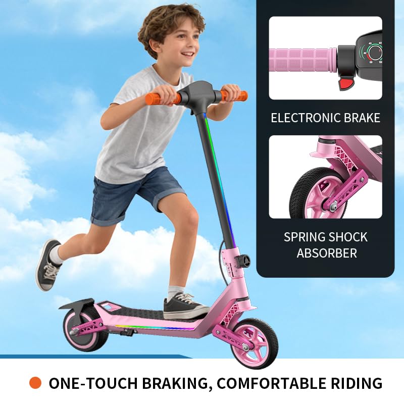 E-Scooter (6-12 Y), 6.5" Foldable Kids Scooter with Front & Rear Spring Suspension, Max Speed 16 Km/h, Range 10-12 Km, Suitable for Girls & Boys