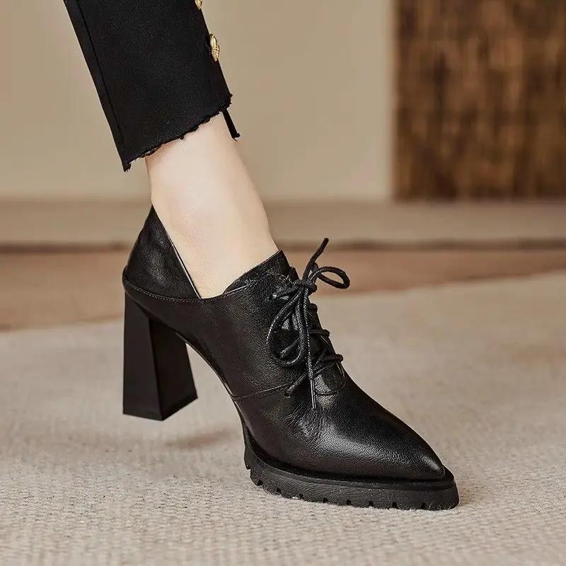 Square with Thick Soles Lace-up Pointed Fashion All Comfortable Non-slip Breathable Wear-resistant Fashion Women's Single Shoes
