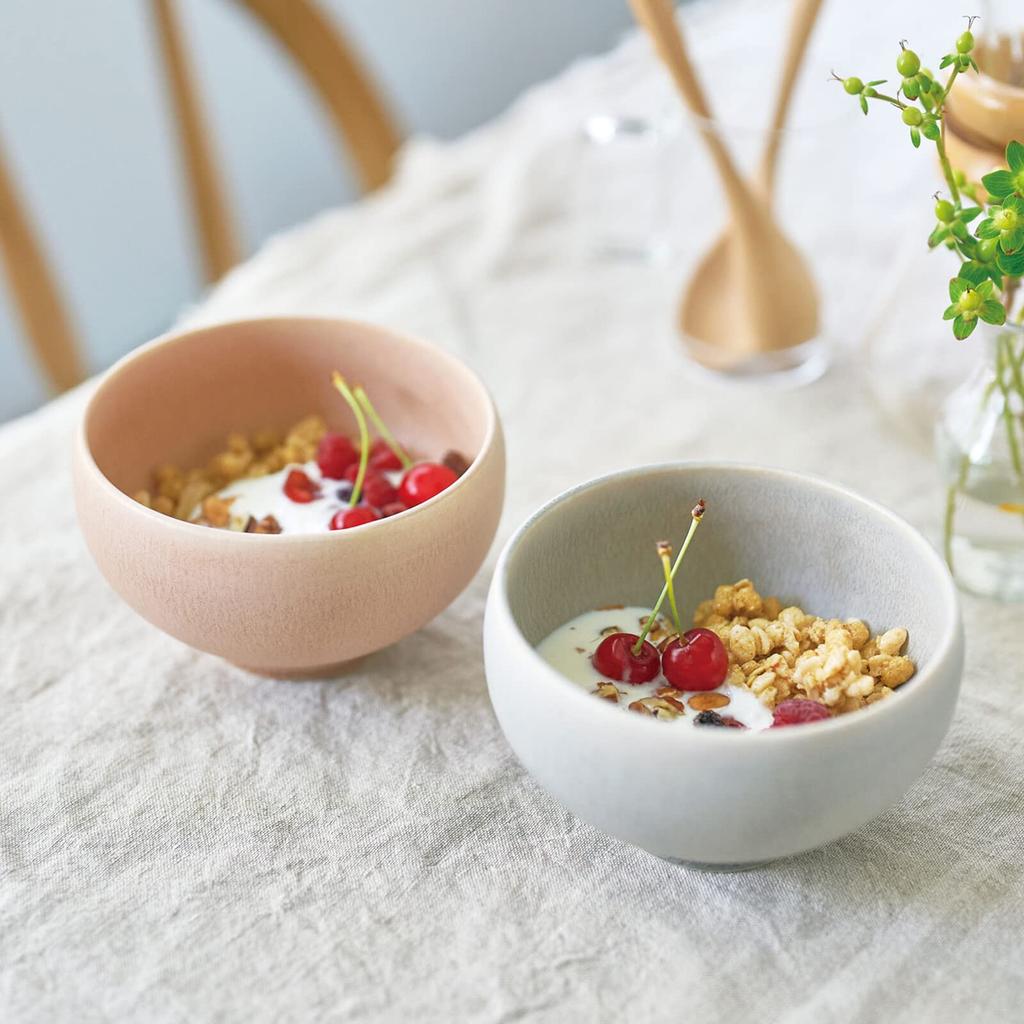 A Pair of Bowls, Each 12.5cm Diameter X 7.6cm High, Measuring 540ml, with a Soft, Crystalline Glass-like Texture. The Pair, Gray and Pink, Make a Perf