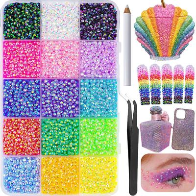 15-Compartment Resin Flat-Bottom Drill Mixed Color AB Rhinestones DIY Sticker Set for Nail Art Decorations