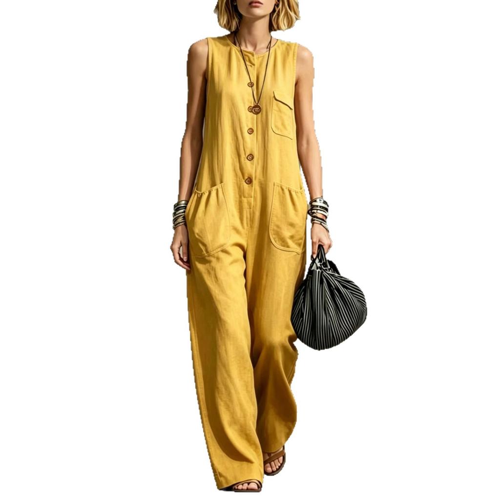 2026 summer new European and American creative pocket fashion casual wide-leg women's jumpsuit