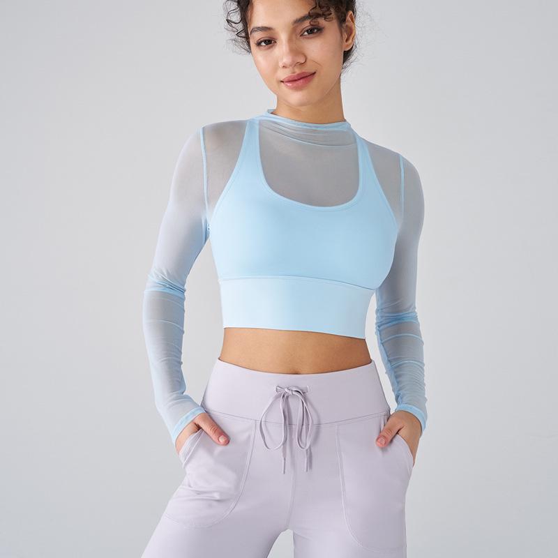 

Трансграничный сетчатый костюм для йоги: Быстросохнущий топ с длинным рукавом, со встроенным спортивным бюстгальтером и нагрудной вставкой XL