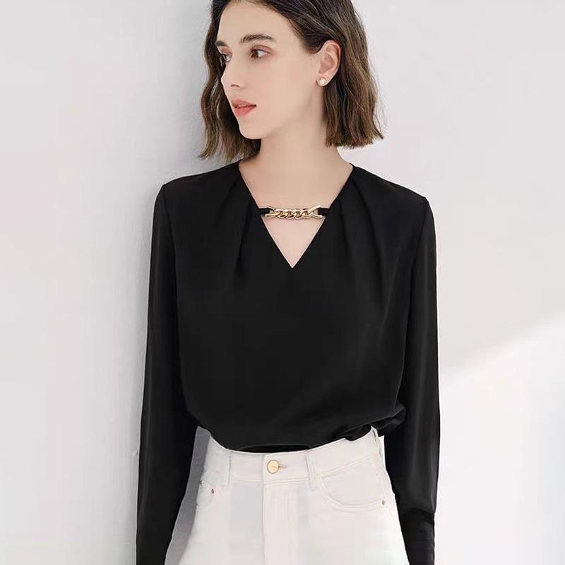 Fashion Elegant V Neck Chain Design Women Satin Shirt 2025 Spring Autumn Loose Long Sleeve Black Office Blouse Casual Simple Ladies Tops