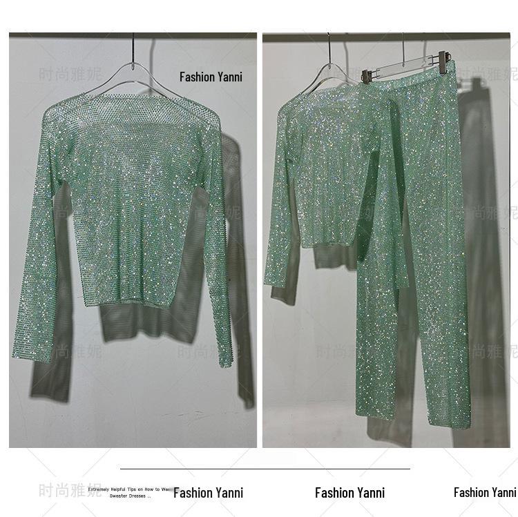 Yanni Fashion Blue Feather & Rhinestone Dress with Long-Sleeve Top and Skirt