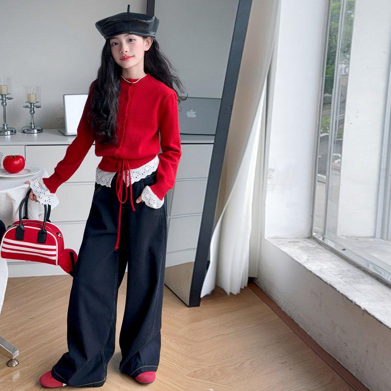 

2025 New Fashion Girls Autumn Cardigan & Jeans Set for Middle and Big Children 170