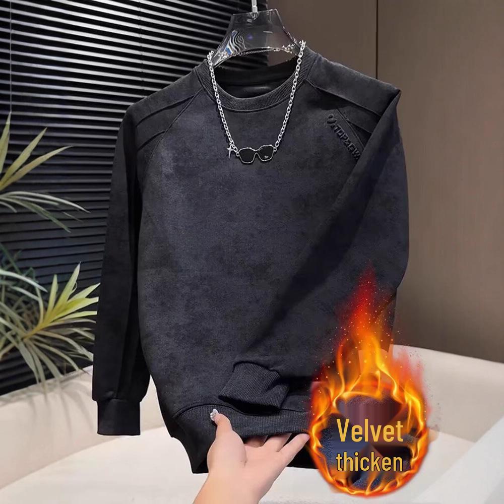 Herren Hoodie im koreanischen Stil, Tie-Dye, fleecegefüttert - Hübsch, Herbst/Winter, Langarm, Stahl-Print, Rundhals, Trend.