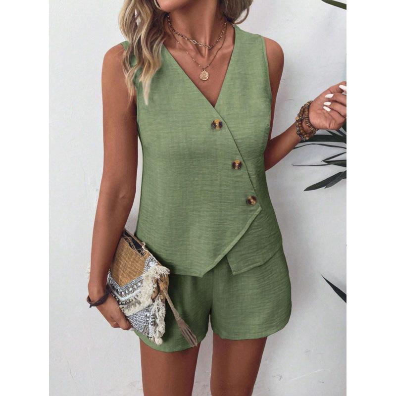 

Женский комплект без рукавов с V-образным вырезом: жилет и шорты в бежевом, зеленом, оранжевом, темно-синем цвете - Повседневный летний наряд XL светло-зеленый