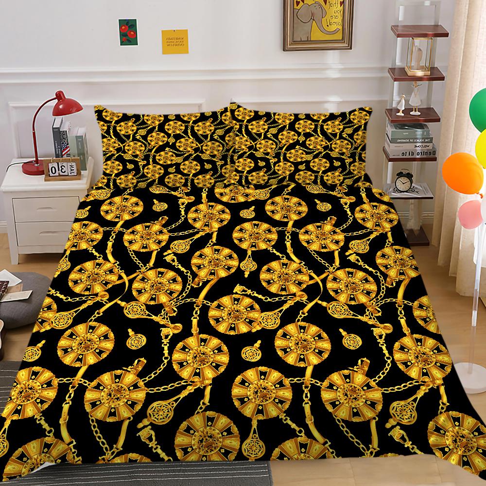 Gold Duvet Cover Gold Pattern 3D Luxury Printed Quilt Cover King Size Bed Suitable for Teens Adults Polyester Bedding Set