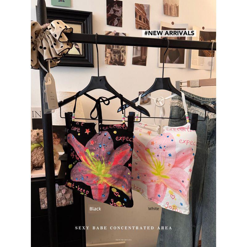 Kumikumi Gyaru Wind Print Beaded Cami Women clothes Autumn Retro With Chest Pad Hanging Neck Inner wear Top