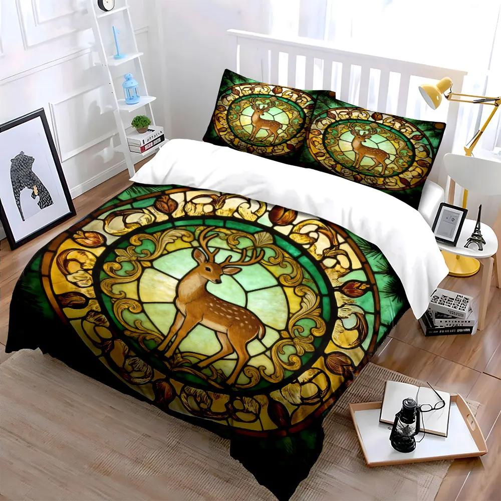 "Deer Stained Glass Window Decor" Soft Comfortable Duvet Cover Bedding Set Included 1*Duvet Cover & 2*Pillowcases Gift