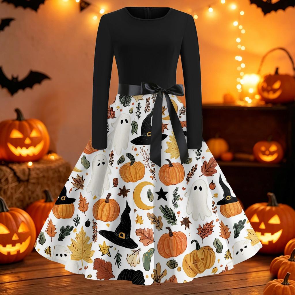 Womens Casual Fit and Flare Dress Long Sleeve Round Neck Halloween Print Dress with Flared Skirt and Waist Tie Belt