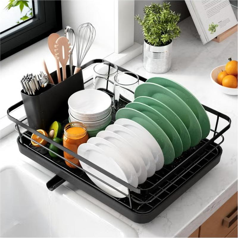 Dish Drying Rack Dish Drainer Countertop Drainboard with Utensil Holder & Plate Stand Kitchen Organizer