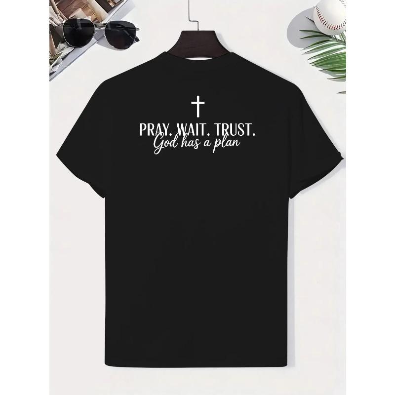European Sizes Men's Christian Faith T-Shirt - "Pray Wait Trust God Has a Plan" Religious Back Print, Soft Breathable Church Clothing