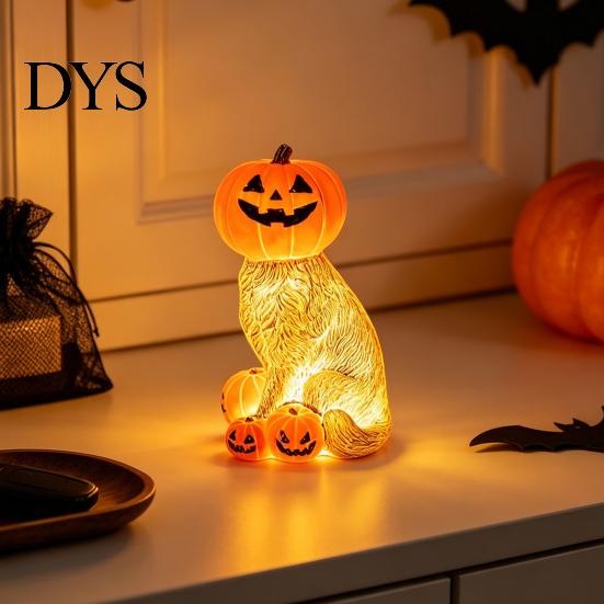 Collectibles for Home Office Lighted Pumpkin Cat Figurine, Spooky Halloween Tabletop Resin Sculpture, Gift Lovers Autumn Fall Ornament Indoor