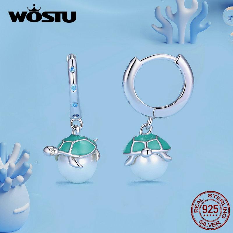 

WOSTU стерлингового серебра 925 пробы, зеленая черепаха, белый жемчуг, висячие серьги для женщин, летние пляжные украшения, подарок 925 silver