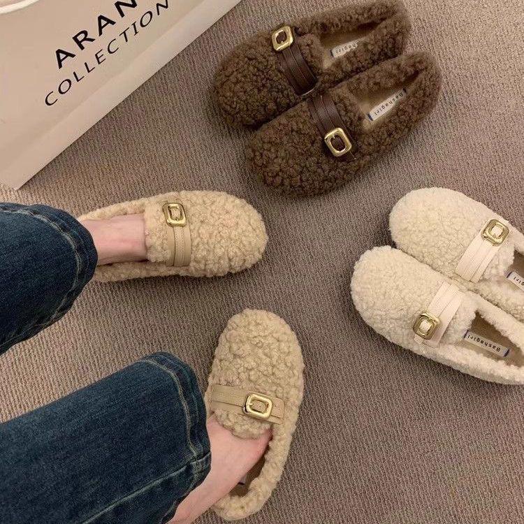 2025 Korean Style Women's Fuzzy Slip-on Lambswool Loafers: Warm Fleece-lined Cotton Bean Shoes