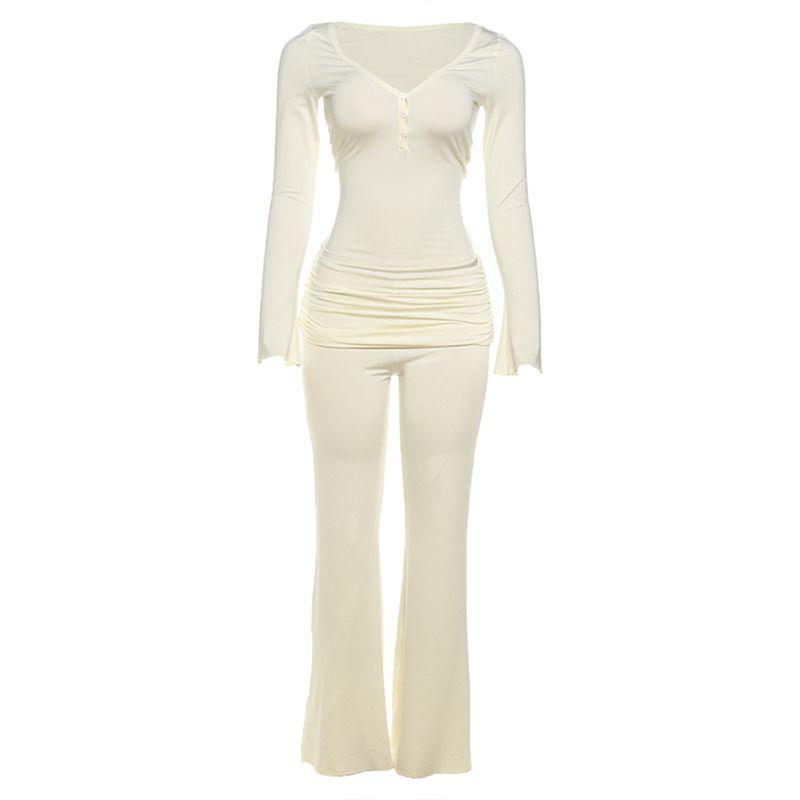 

# Sisjuly# European and American Leisure Afternoon OOTD Breasted Long sleeve Top Fold Design Slim fit Trousers Set Women Apricot L