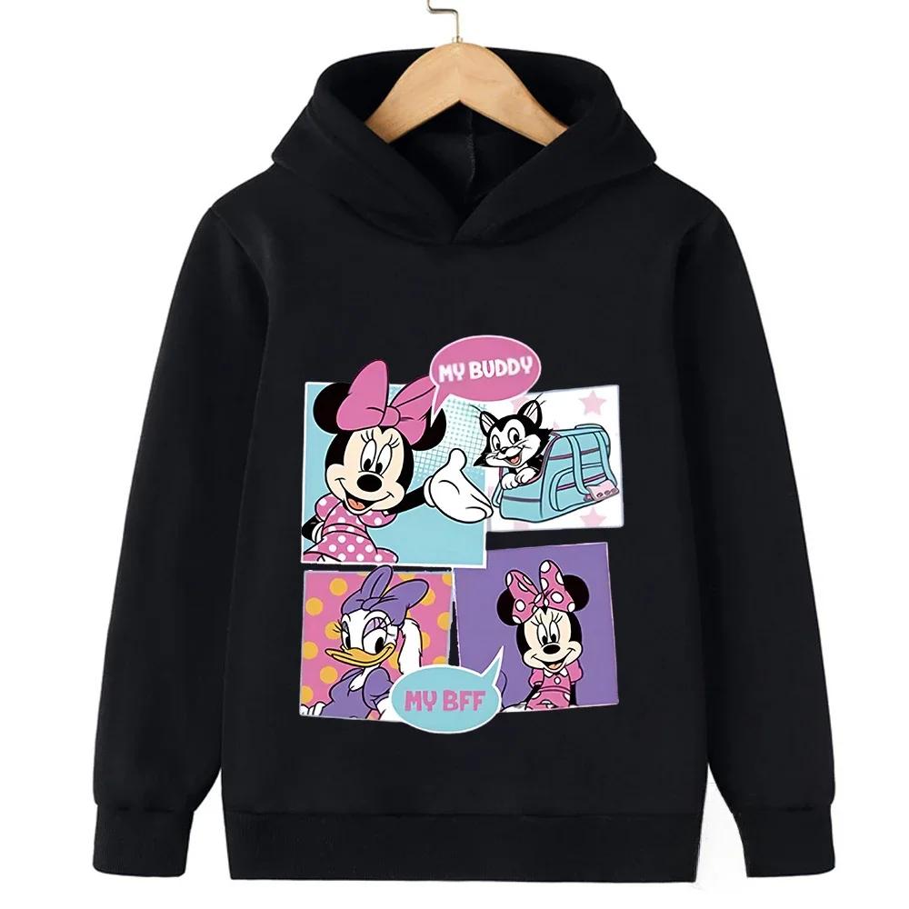 Disney Fashion Cute Minnie Pattern Printed Girls Pullover Autumn and Winter High Quality Outdoor Leisure Warm Hooded Sweatshirt