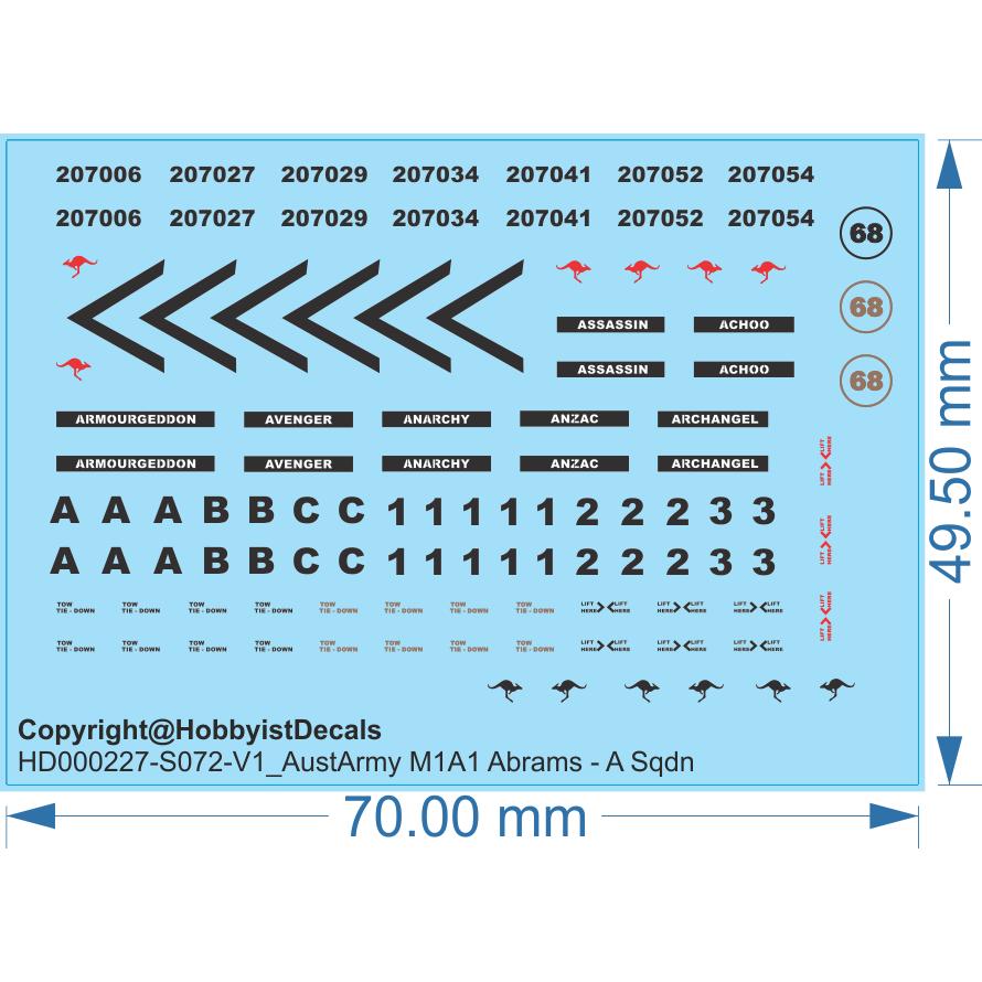 ADF Army Abrams M1A1 MBT Decals - 1/16 1/35 1/48 1/72 HO (1/87) - Water Decal