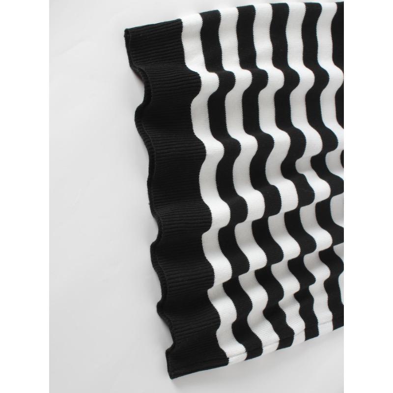 Women's Autumn and Winter Black and White Striped Knitted Cardigan Loose Sweater