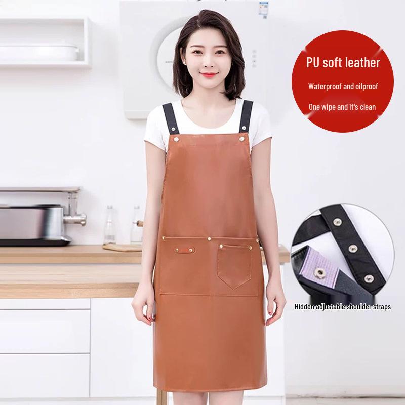 PU Soft Leather Waterproof Kitchen Apron, Oil-Proof, Wash-Free, Unisex Strap Waistband for Cooking and Catering.