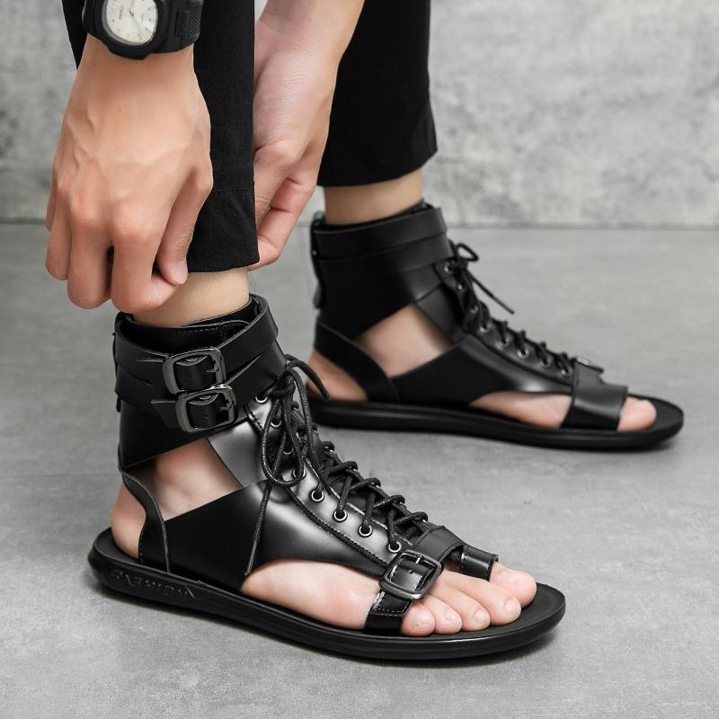 Hot Sale Luxury Men Roman Sandals Designer White Flat Sandals Men Open-toe Summer Shoes Man Comfortable Lace-up Leather Sandals