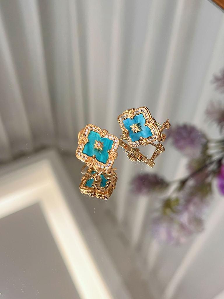 Italienisches Gebürstetes Wasserwellen Blaues Halsketten Armband Set Vielseitige Retro Hof Vierblättriges Kleeblatt Ohrringe