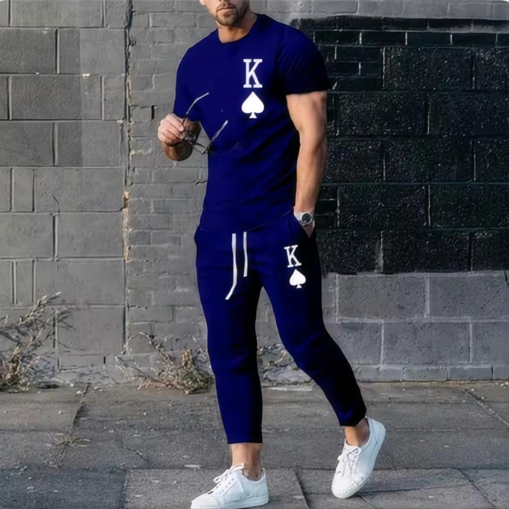 Summer Men's Top 3D Printed Casual Streetwear Retro Sportswear Short Sleeved T-shirt Long Sleeved Sweatpants Two-piece Set