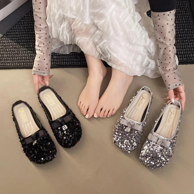 Shiny Sequin Slippers Women's Retro Style Flat Bottom Butterfly Knot Casual Summer Sandals Half Slip On Shoes Evening Breeze