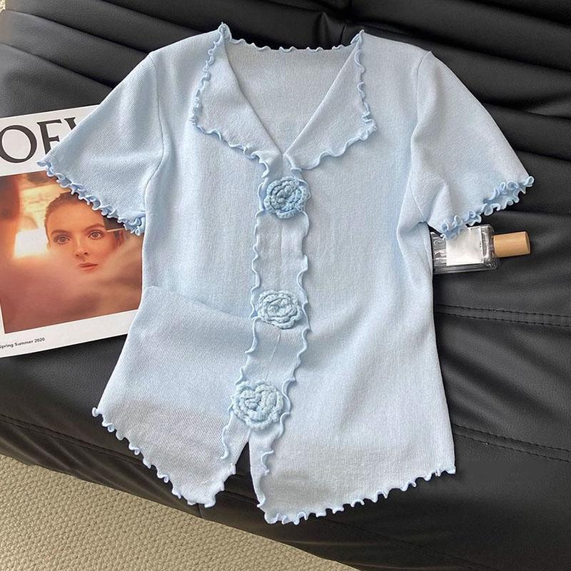 

Трикотажный свитер Ice Silk, женская весна-лето, новинка, облегающий крой, трехмерный цветочный узор, грибовидная кромка, V-образный вырез, короткие рукава, футболка L синий