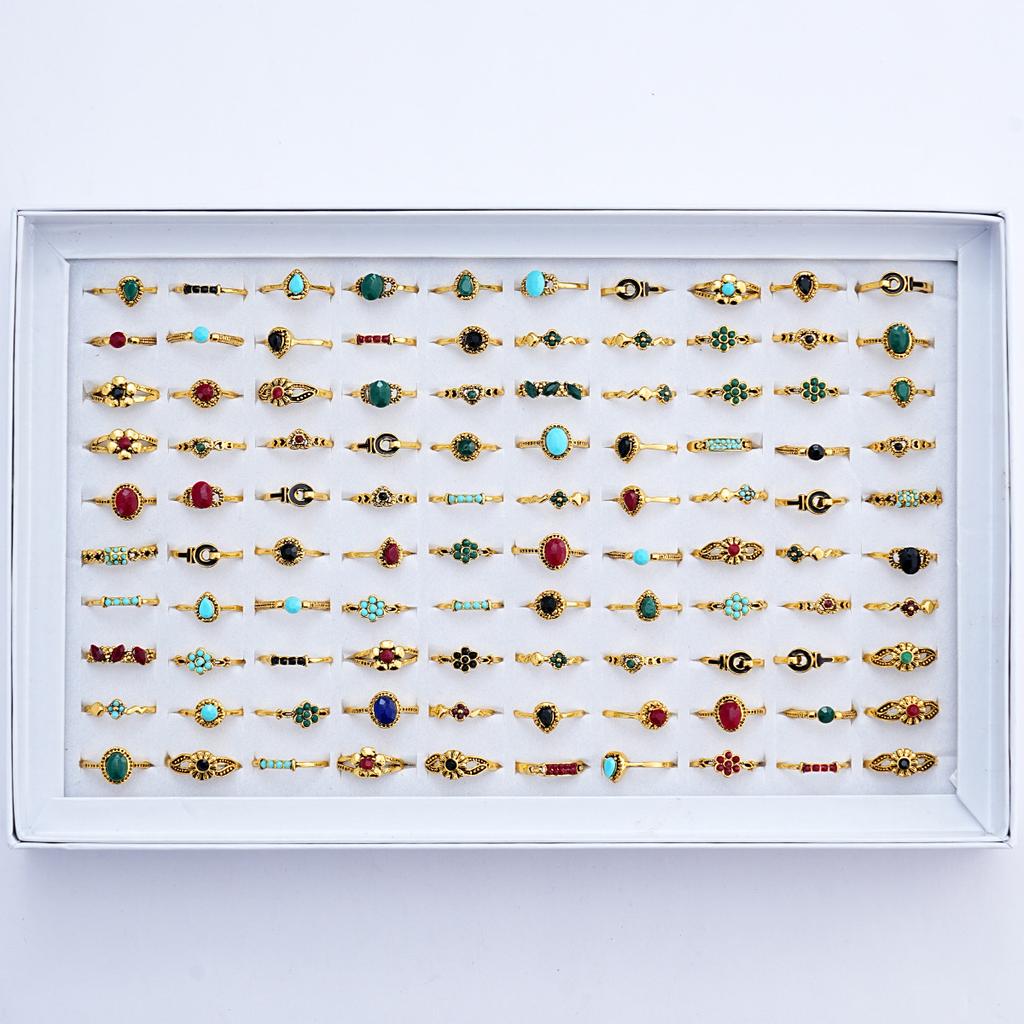 10Pcs Retro women's ring. Various styles of colored stone rings. Turquoise ring.