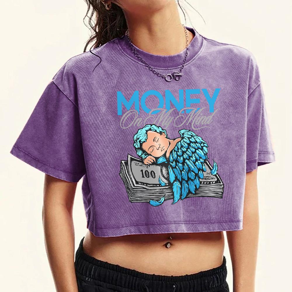 Das Engel-Junge schläft auf Geld bedrucktes gewaschenes T-Shirt Damen Slim Baumwoll-T-Shirts Mode Kurzarm-Top