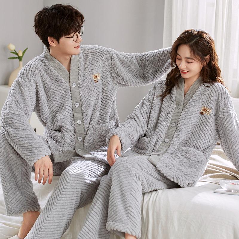 Thick Coral Fleece Jacquard Couple Cardigan Pajamas