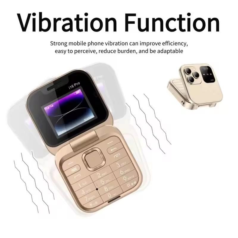 Ny i16 Pro Søt Flipblokk Mobiltelefon Doble SIM-kort 1,77" Skjerm Hurtigtaster Magisk Stemme Svarteliste Mini Boks Mobiltelefon 3,5 mm Jack