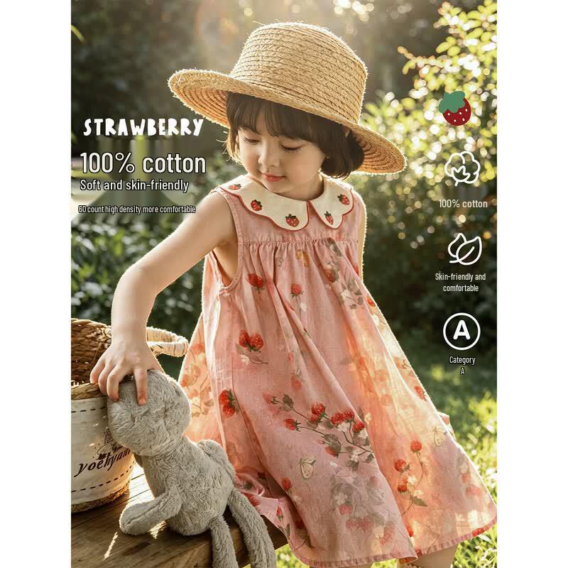 Girls Sleeveless Strawberry Print Dress 110 cm розовый
