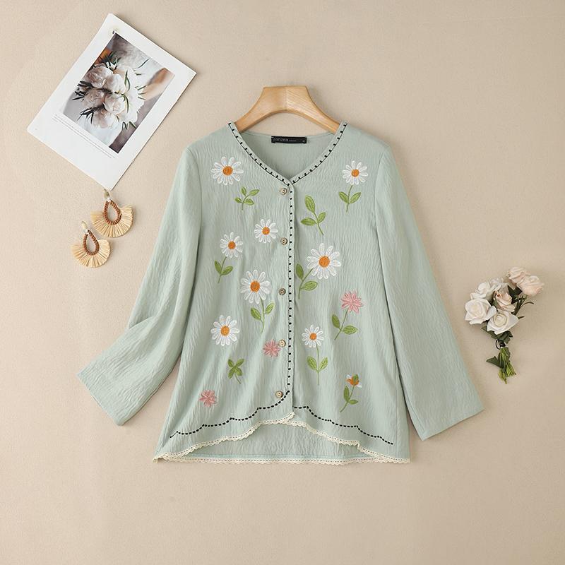 ZANZEA Damska codzienna bluzka z luźnym długim rękawem i kwiatowym haftem