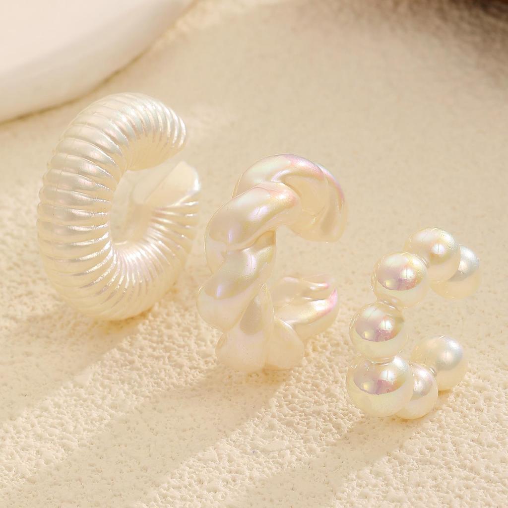 Minimalist Ribbed Striped Non-Piercing Sterling Silver Pearl White Ear Cuffs for Women